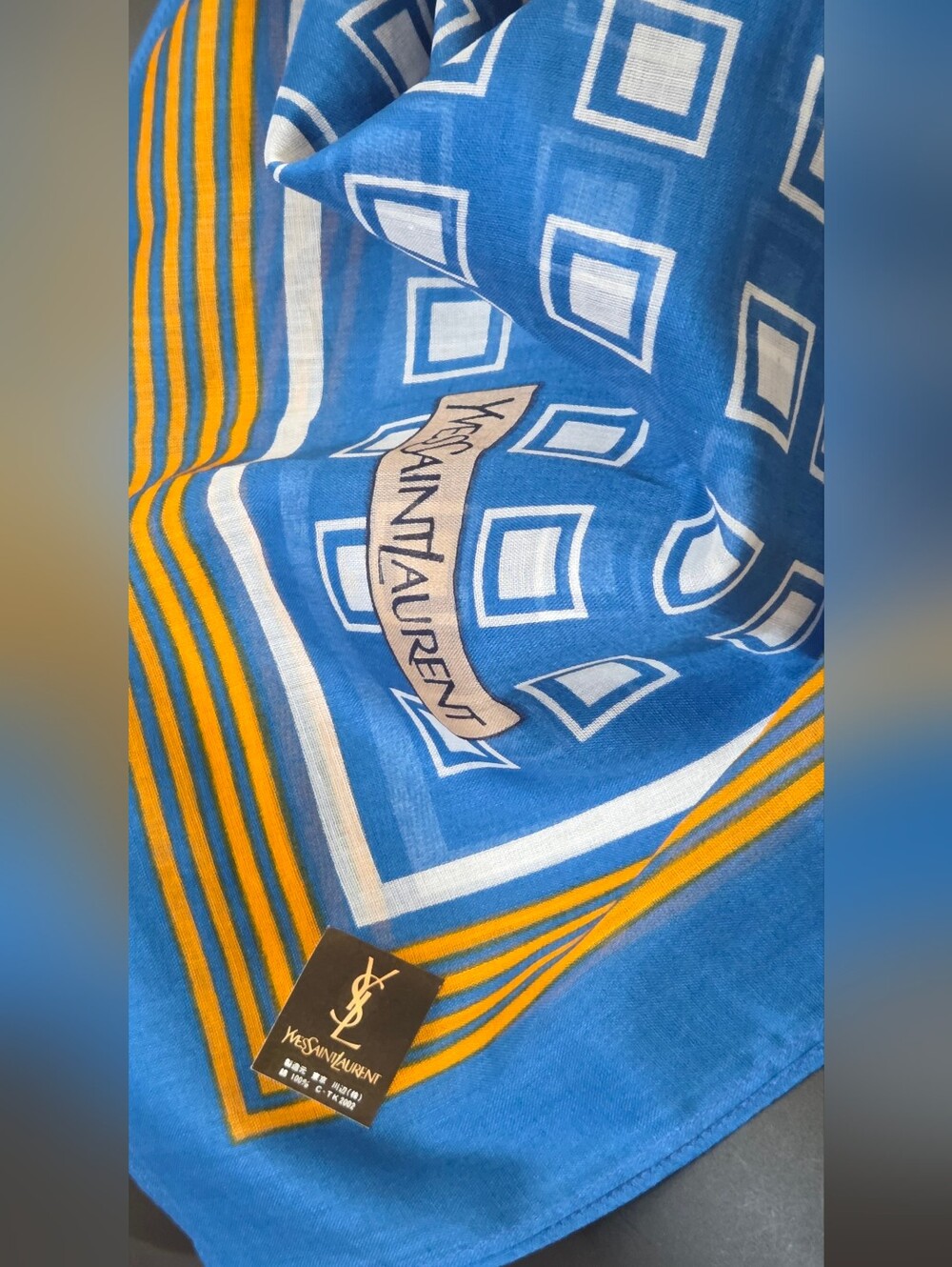 Yves Saint Laurent Blue and White Geometric Scarf with Gold Accents - Picture 4 of 12